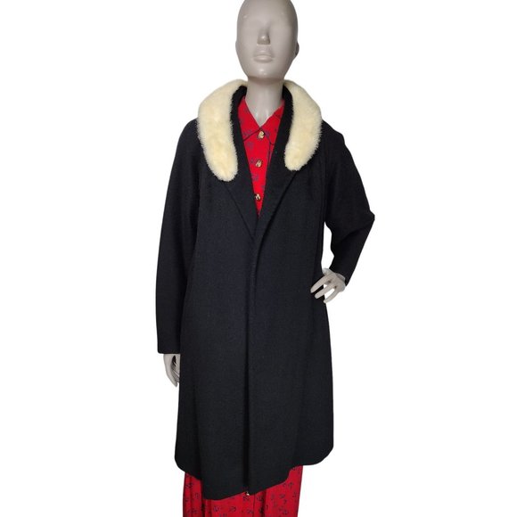 Vintage 1930's Black Wool Fox Fur Collar Open Front Opera Swing Dress Ov… - Picture 9 of 16